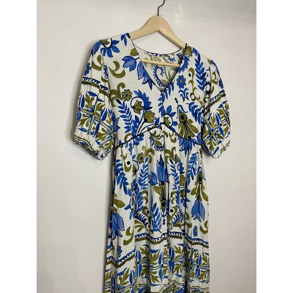 Fig & Flower Printed V-Neck Puff Short Sleeve Midi Dress Womens Small - Picture 3 of 11